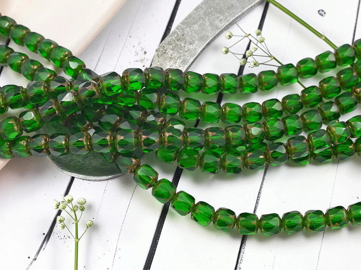 6mm Old Stock Czech Glass Fire Polished Faceted Cathedral Beads - Bronze Washed Emerald - 30pcs - (667)