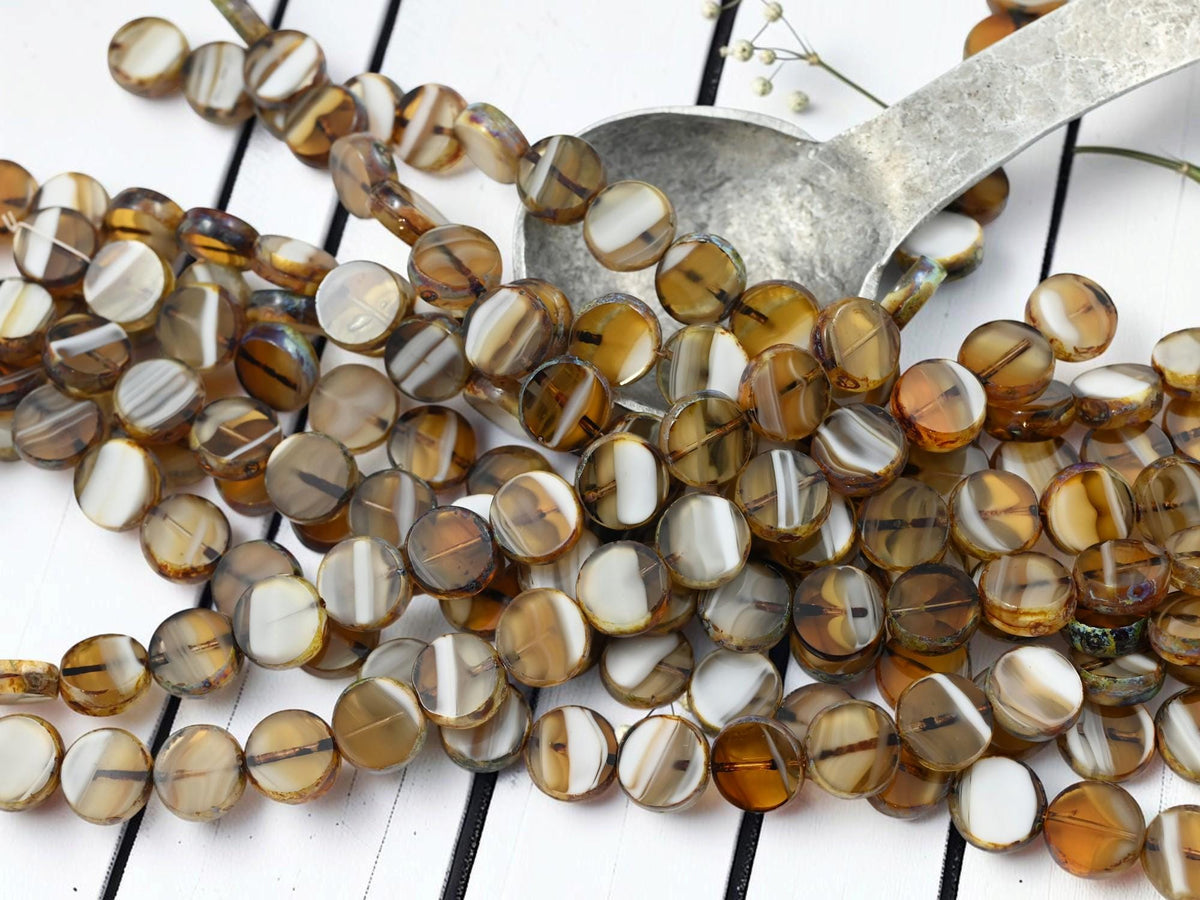 Old Stock Czech Glass Table Cut Coin Beads - Topaz + White Picasso - 11mm - 19pcs - (883)