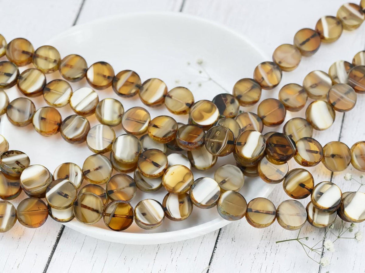 Old Stock Czech Glass Table Cut Coin Beads - Topaz + White Picasso - 11mm - 19pcs - (883)
