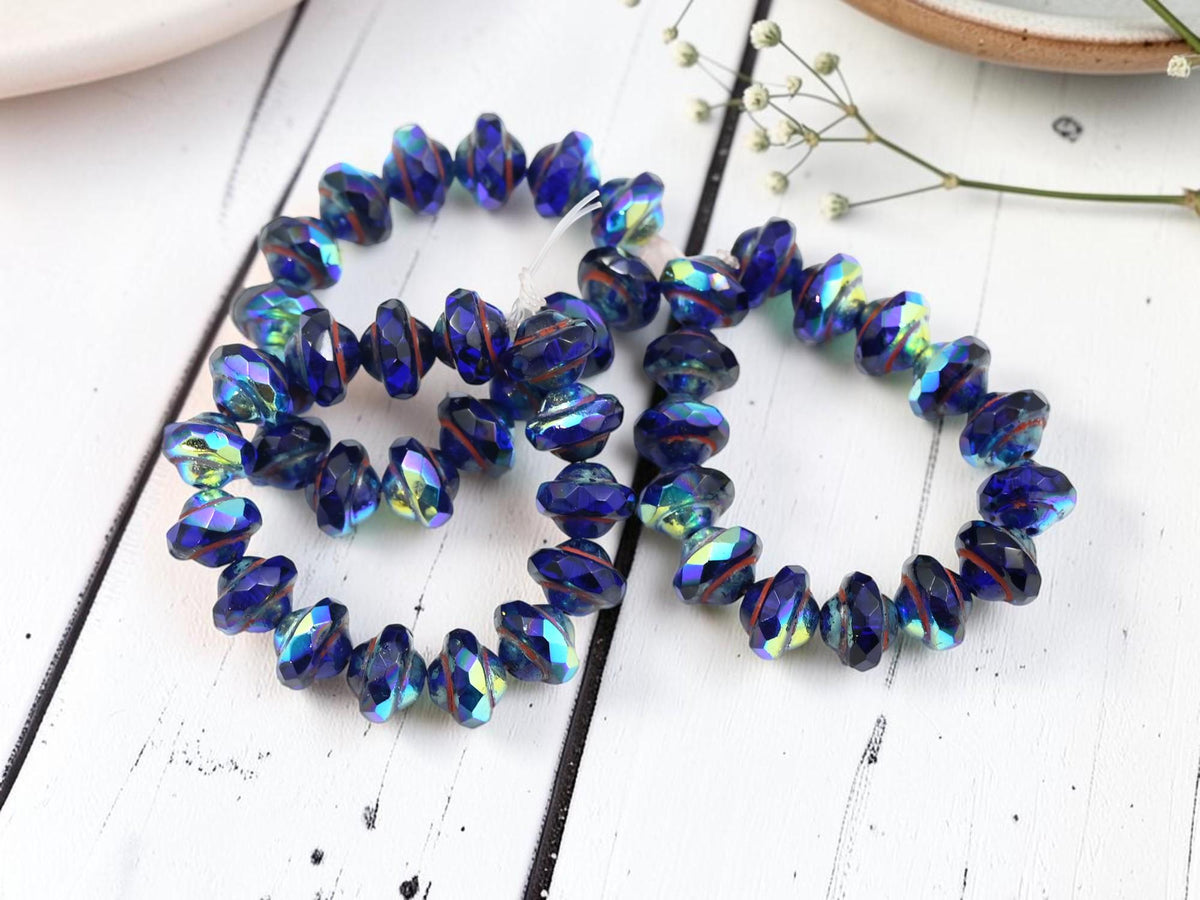 Czech Glass Saturn Beads - Sapphire Picasso AB - 6x8mm - 15pcs - (2609)