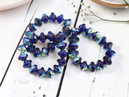 Czech Glass Saturn Beads - Sapphire Picasso AB - 6x8mm - 15pcs - (2609)
