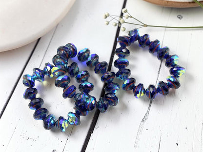 Czech Glass Saturn Beads - Sapphire Picasso AB - 6x8mm - 15pcs - (2609)