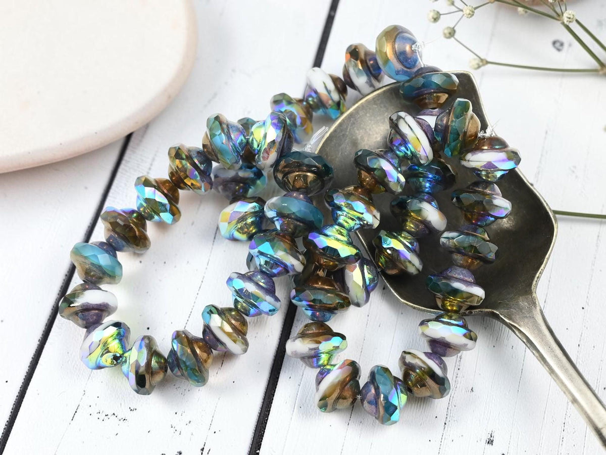 Czech Glass Saturn Beads - Pacific Blue White Topaz AB - 6x8mm - 15pcs - (B87)