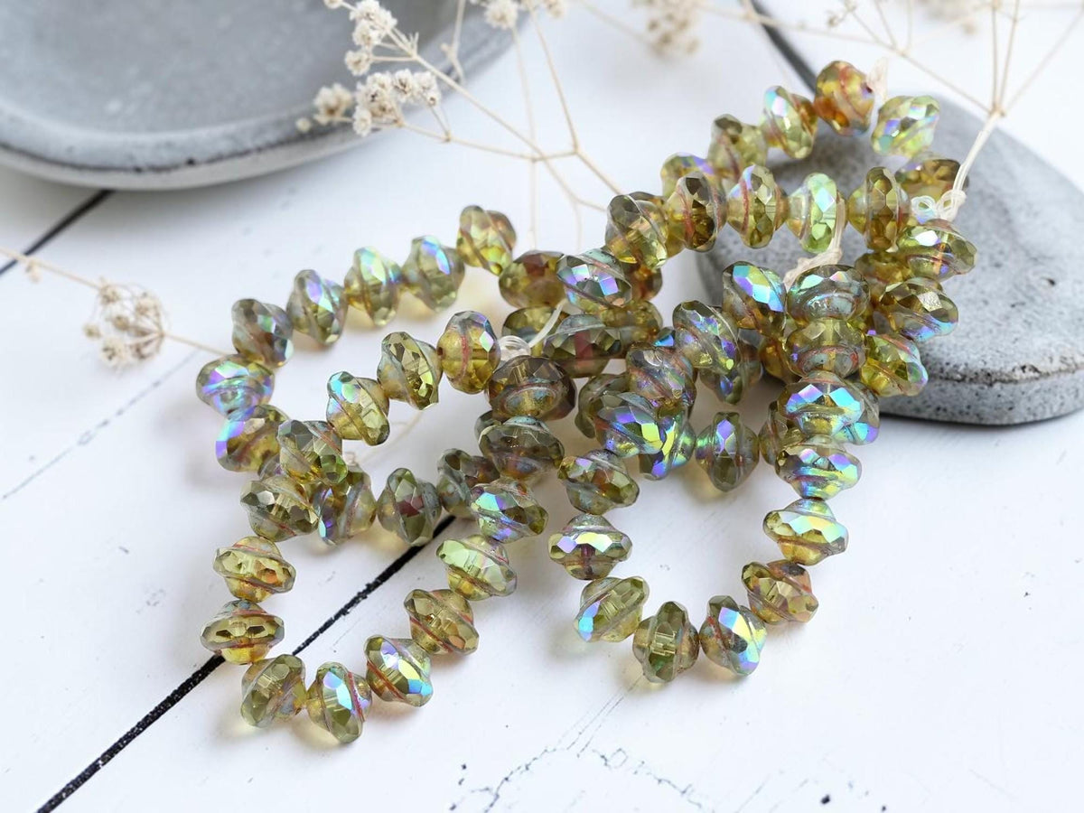 Czech Glass Saturn Beads - Olive Green Picasso AB - 6x8mm - 15pcs - (B765)