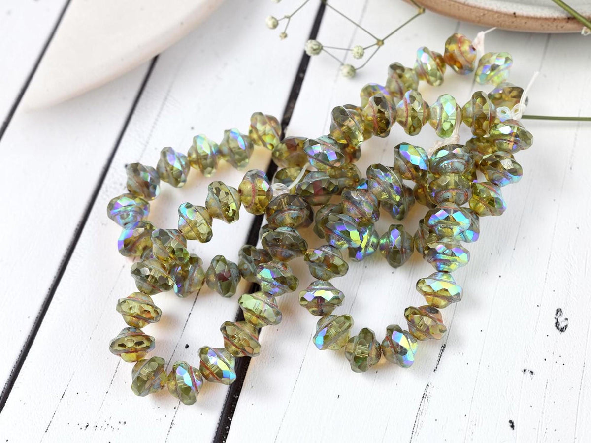 Czech Glass Saturn Beads - Olive Green Picasso AB - 6x8mm - 15pcs - (B765)