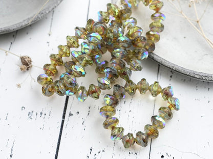 Czech Glass Saturn Beads - Olive Green Picasso AB - 6x8mm - 15pcs - (B765)