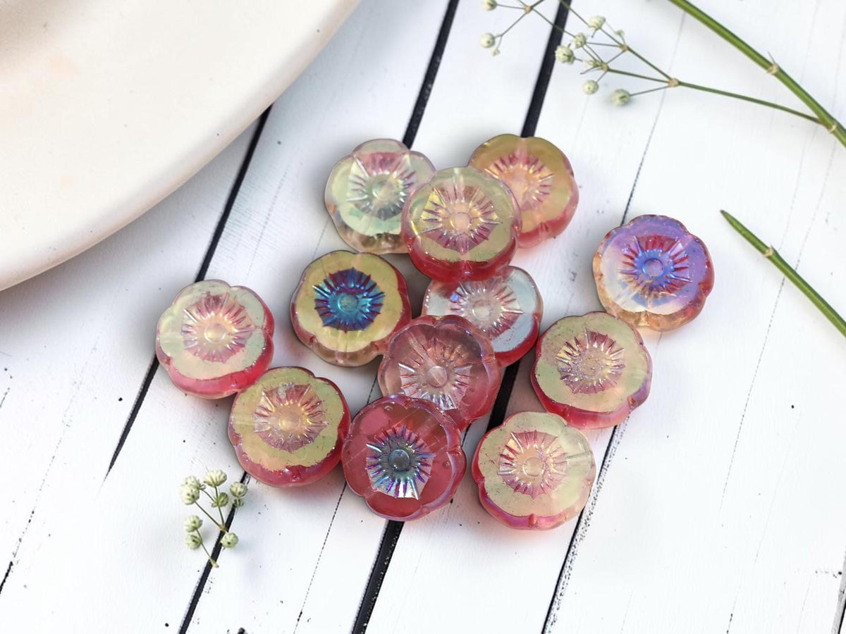 12mm Czech Glass Table Cut Hawaiian Flower Beads - Fuchsia Crystal AB - 12 Beads - (B64)