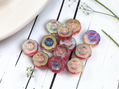 12mm Czech Glass Table Cut Hawaiian Flower Beads - Fuchsia Crystal AB - 12 Beads - (B64)