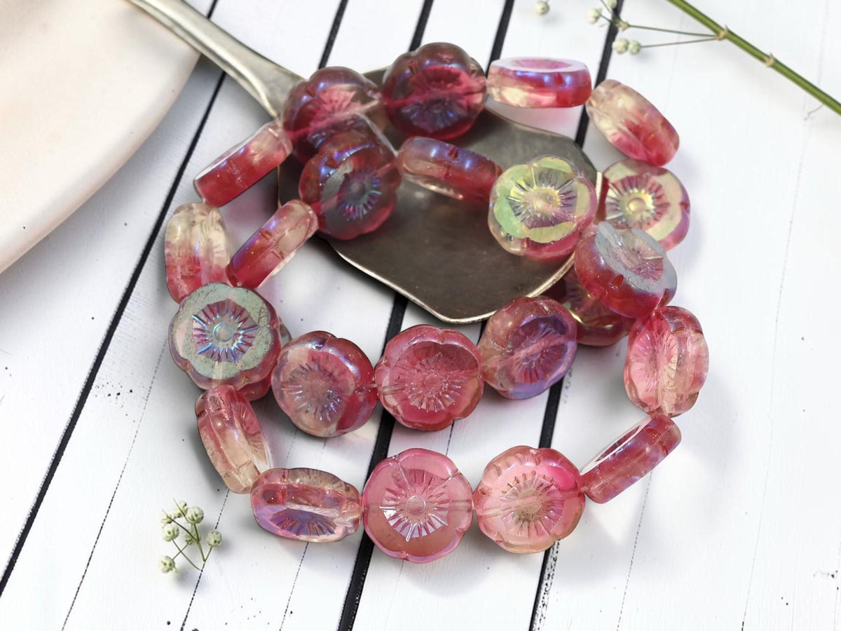 12mm Czech Glass Table Cut Hawaiian Flower Beads - Fuchsia Crystal AB - 12 Beads - (B64)