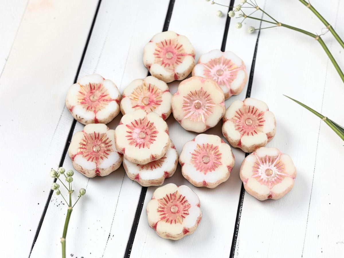 12mm Czech Glass Table Cut Hawaiian Flower Beads - Pink Washed Alabaster - 12 Beads - (B729)