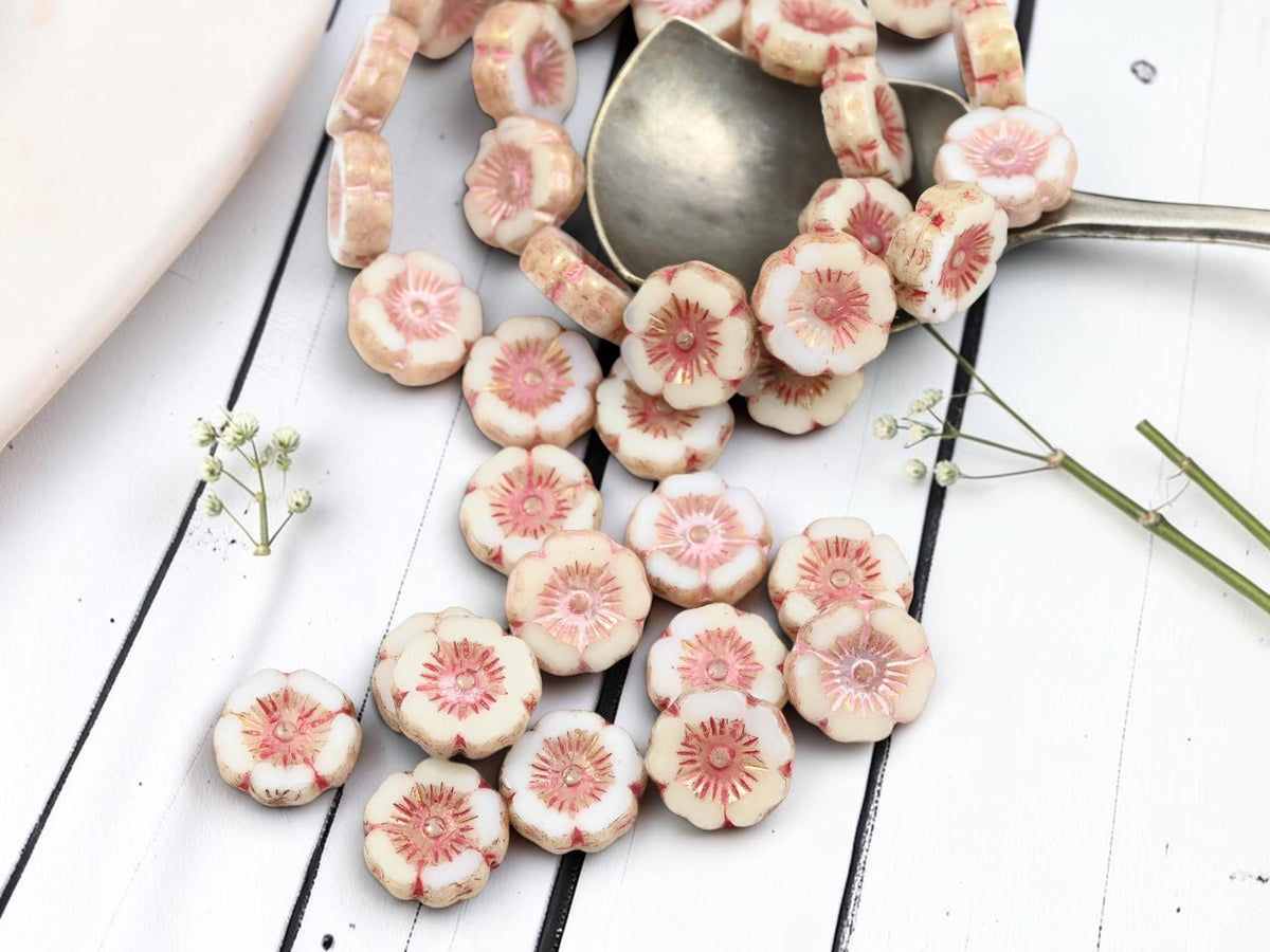 12mm Czech Glass Table Cut Hawaiian Flower Beads - Pink Washed Alabaster - 12 Beads - (B729)