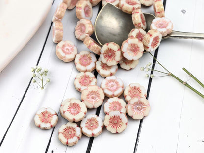 12mm Czech Glass Table Cut Hawaiian Flower Beads - Pink Washed Alabaster - 12 Beads - (B729)