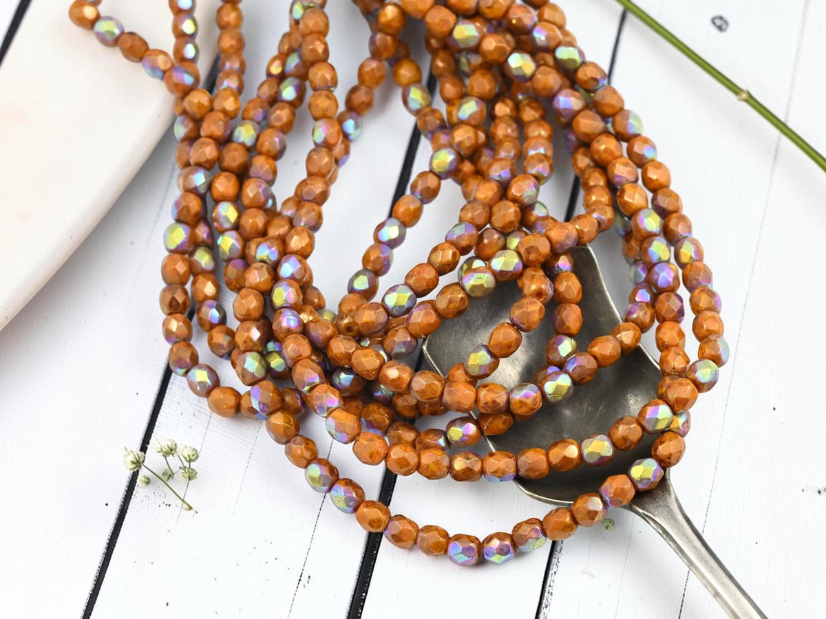 4mm Czech Glass Faceted Fire Polished Round Beads - Gold Lustered Orange Picasso AB - 50pcs - (5410)