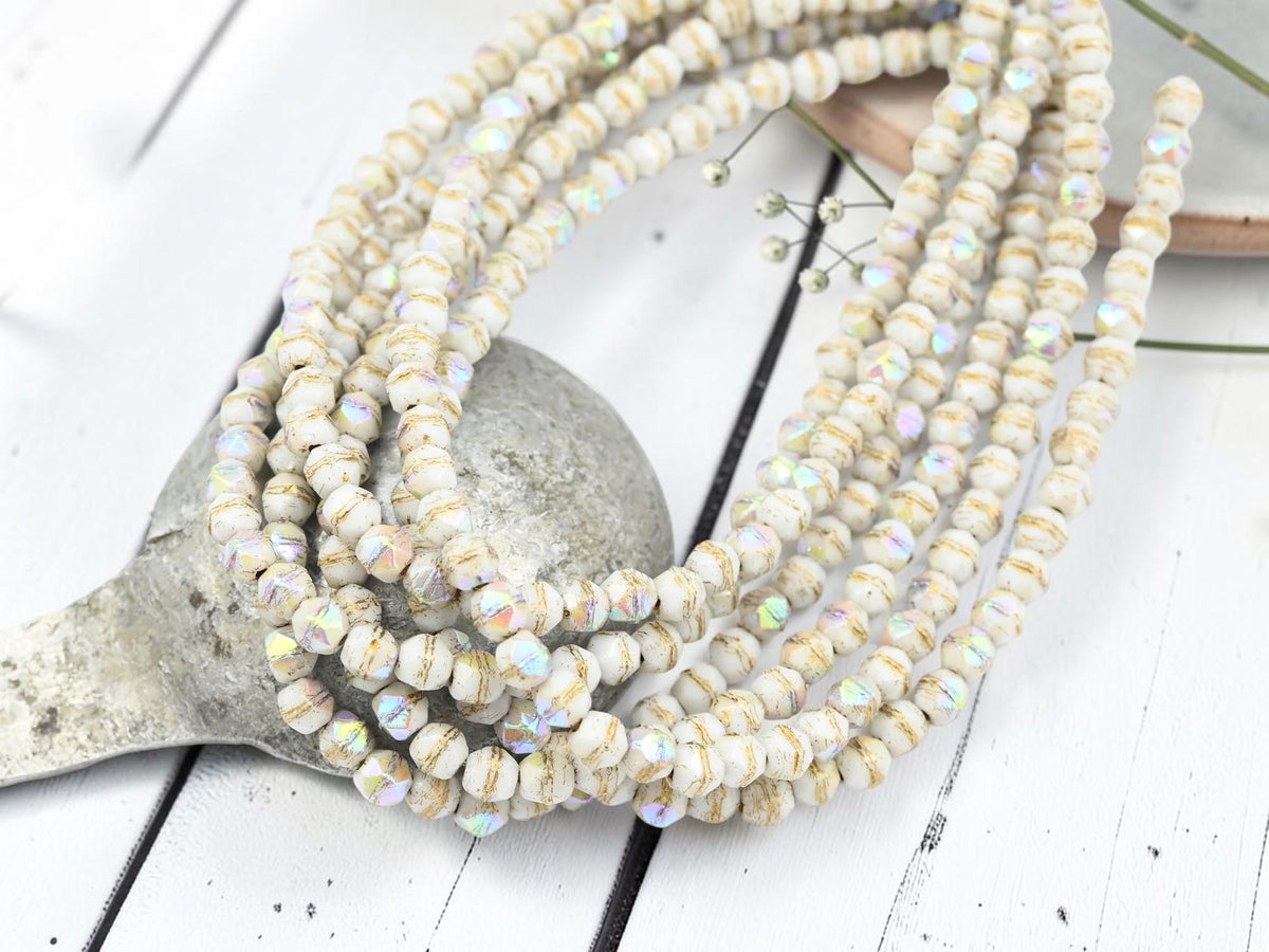 4mm Czech Glass English Cut Round Beads - Gold Washed Alabaster AB - 50pcs - (1783)