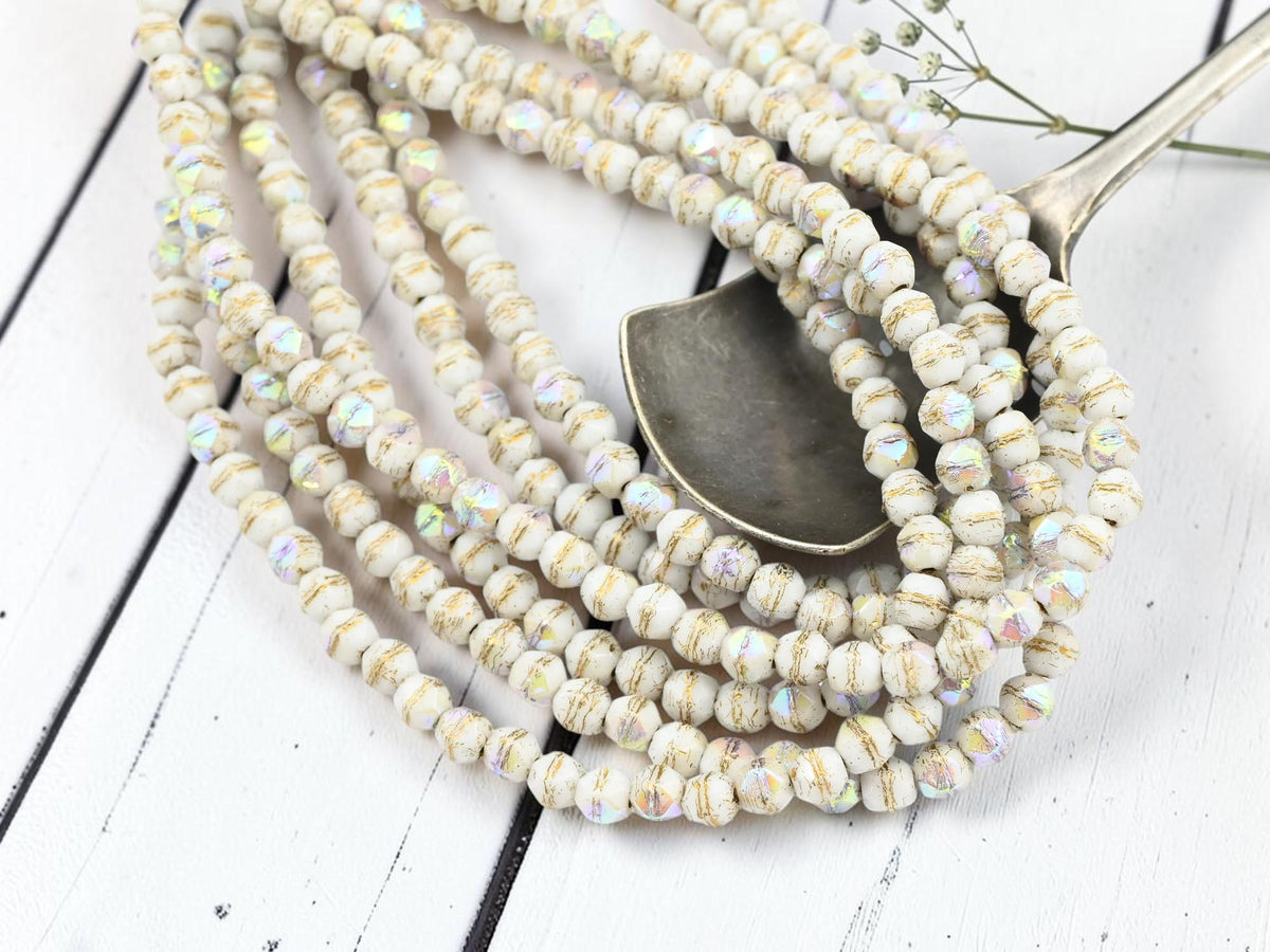 4mm Czech Glass English Cut Round Beads - Gold Washed Alabaster AB - 50pcs - (1783)