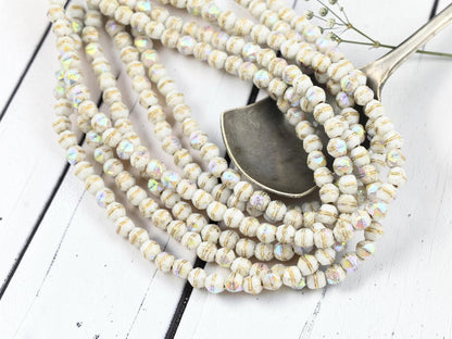 4mm Czech Glass English Cut Round Beads - Gold Washed Alabaster AB - 50pcs - (1783)