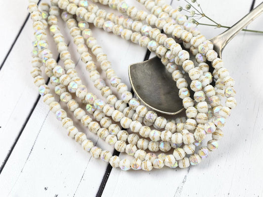 4mm Czech Glass English Cut Round Beads - Gold Washed Alabaster AB - 50pcs - (1783)