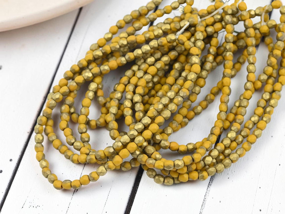 3mm Czech Glass Faceted Fire Polished Round Beads - Gold Etched Matte Marigold - 50pcs - (5654)