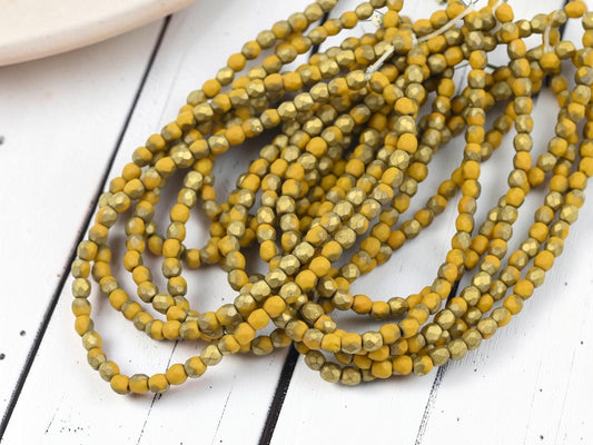 3mm Czech Glass Faceted Fire Polished Round Beads - Gold Etched Matte Marigold - 50pcs - (5654)
