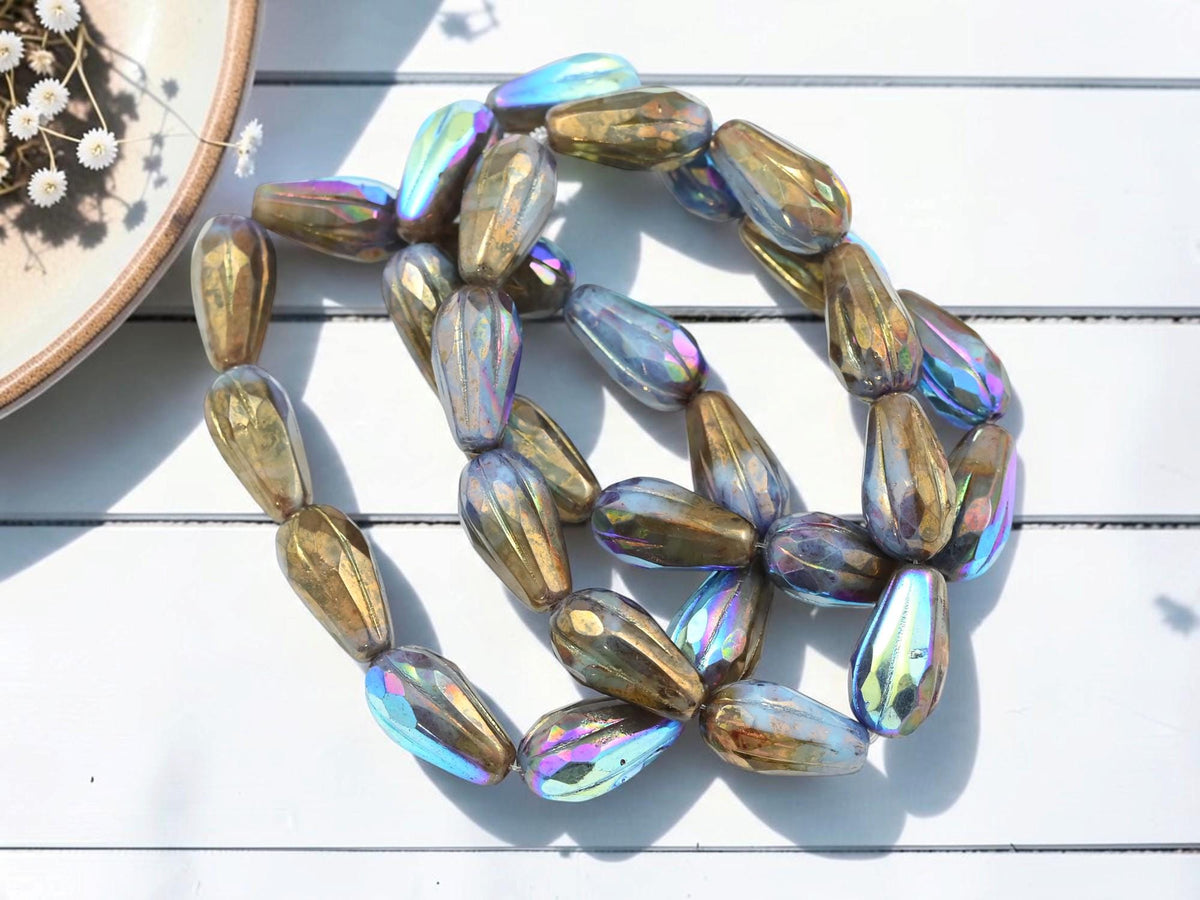 Czech Glass Faceted Tear Drop Beads - Metallic Bronze AB - 15x8mm - 10pcs - (1168)