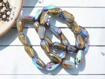 Czech Glass Faceted Tear Drop Beads - Metallic Bronze AB - 15x8mm - 10pcs - (1168)