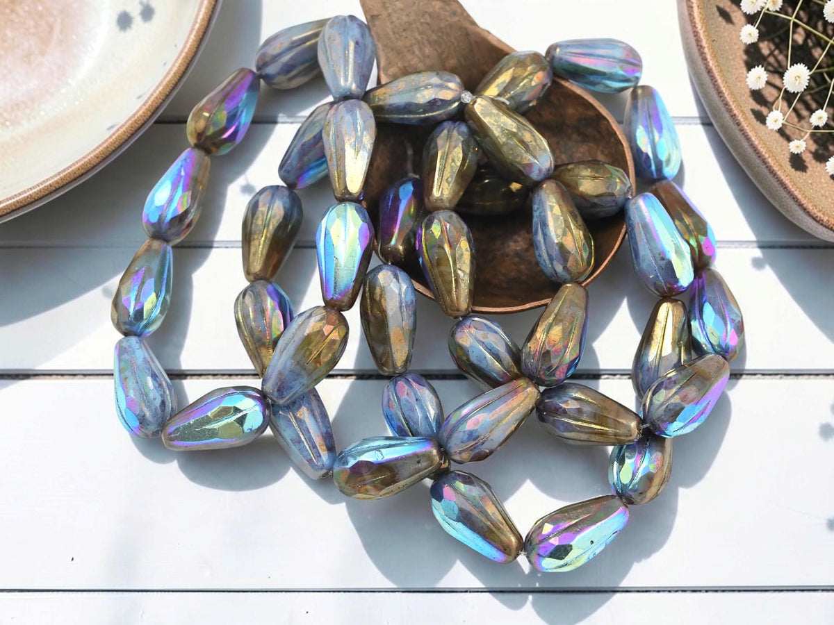 Czech Glass Faceted Tear Drop Beads - Metallic Bronze AB - 15x8mm - 10pcs - (1168)