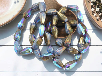 Czech Glass Faceted Tear Drop Beads - Metallic Bronze AB - 15x8mm - 10pcs - (1168)