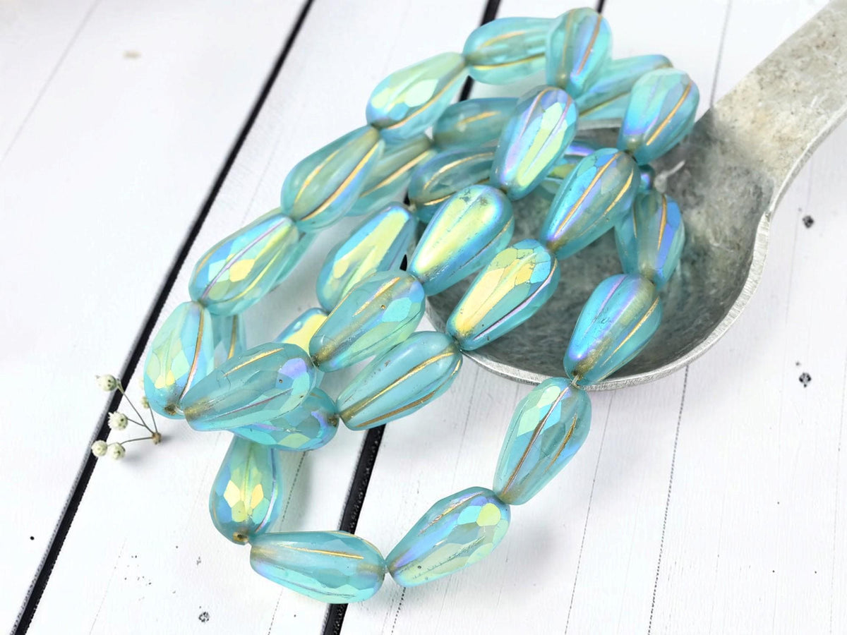 Czech Glass Faceted Teardrop Beads - Gold Washed Matte Blue Aqua AB - 15x8mm - 10pcs - (1800)