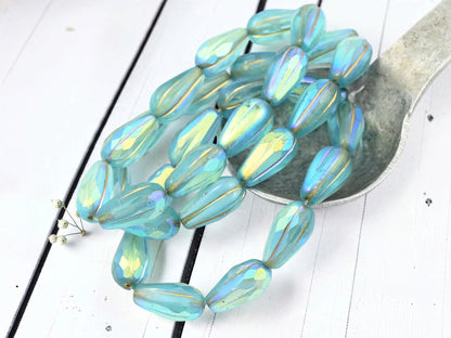 Czech Glass Faceted Teardrop Beads - Gold Washed Matte Blue Aqua AB - 15x8mm - 10pcs - (1800)