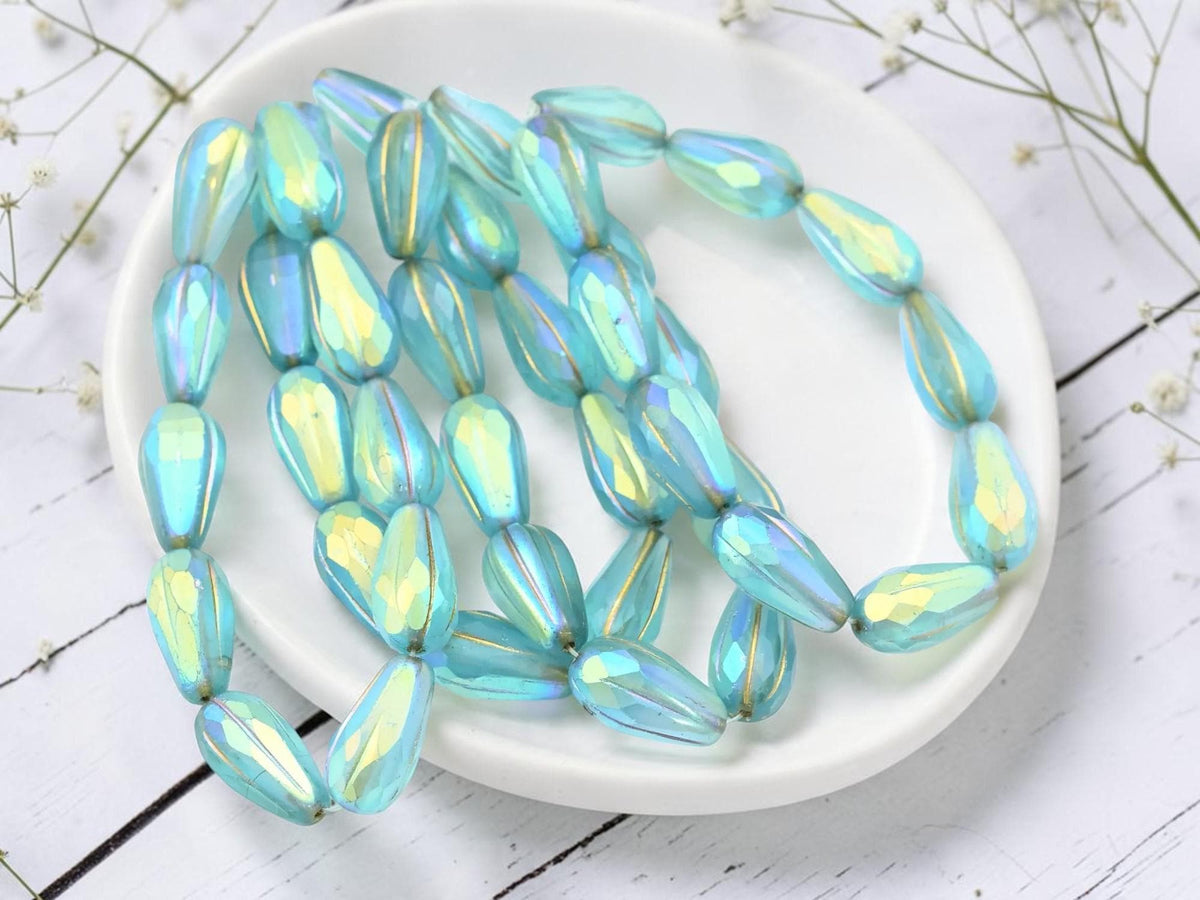 Czech Glass Faceted Teardrop Beads - Gold Washed Matte Blue Aqua AB - 15x8mm - 10pcs - (1800)