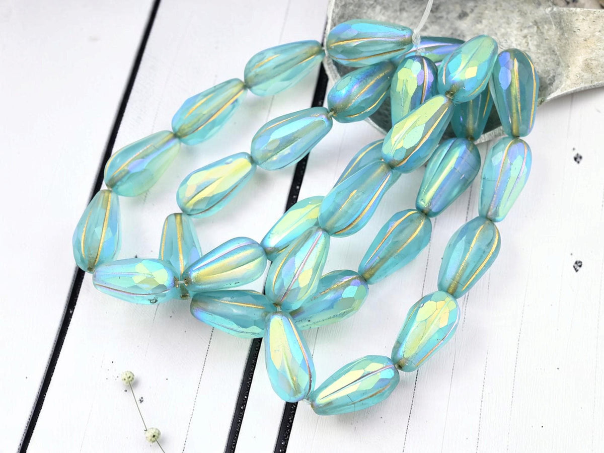 Czech Glass Faceted Teardrop Beads - Gold Washed Matte Blue Aqua AB - 15x8mm - 10pcs - (1800)