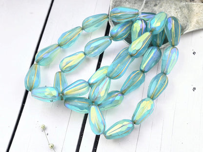Czech Glass Faceted Teardrop Beads - Gold Washed Matte Blue Aqua AB - 15x8mm - 10pcs - (1800)