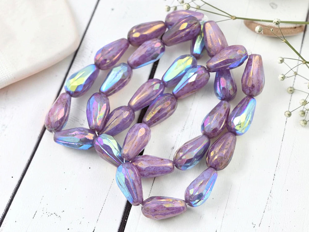 Czech Glass Faceted Teardrop Beads - Bronze Washed Lilac AB - 15x8mm - 10pcs - (1400)
