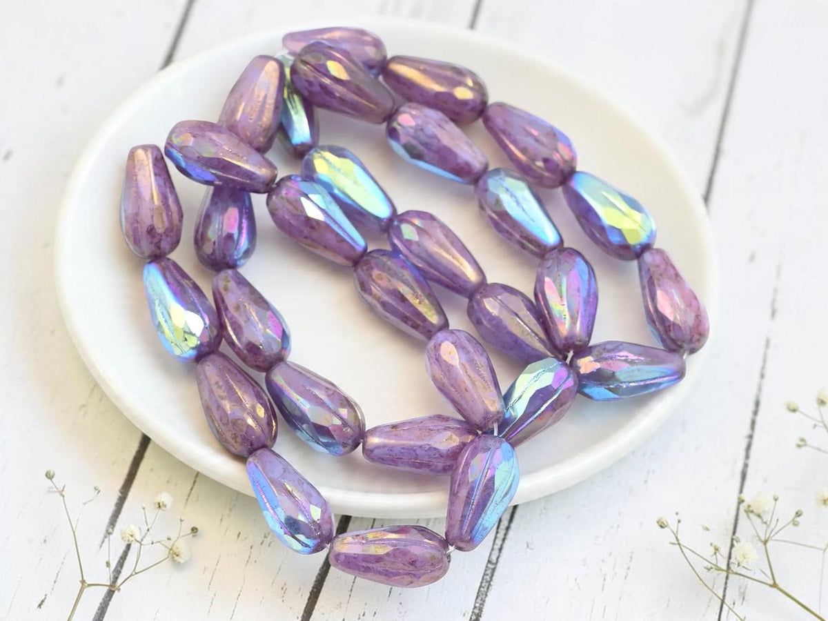 Czech Glass Faceted Teardrop Beads - Bronze Washed Lilac AB - 15x8mm - 10pcs - (1400)