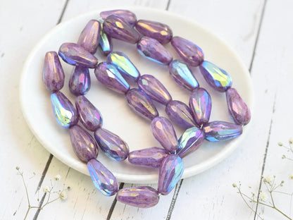 Czech Glass Faceted Teardrop Beads - Bronze Washed Lilac AB - 15x8mm - 10pcs - (1400)
