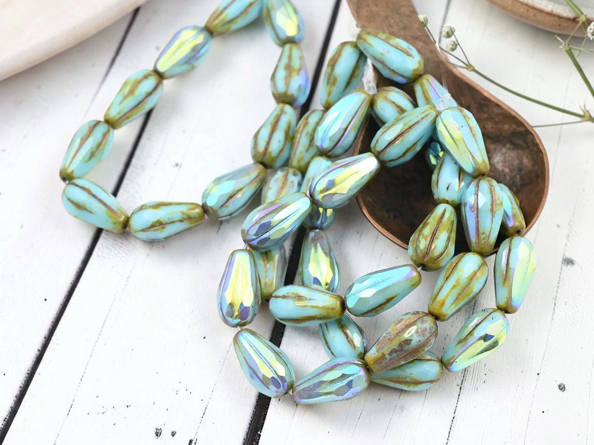Czech Glass Faceted Teardrop Beads - Blue Turquoise Picasso AB - 15x8mm - 10pcs - (1183)