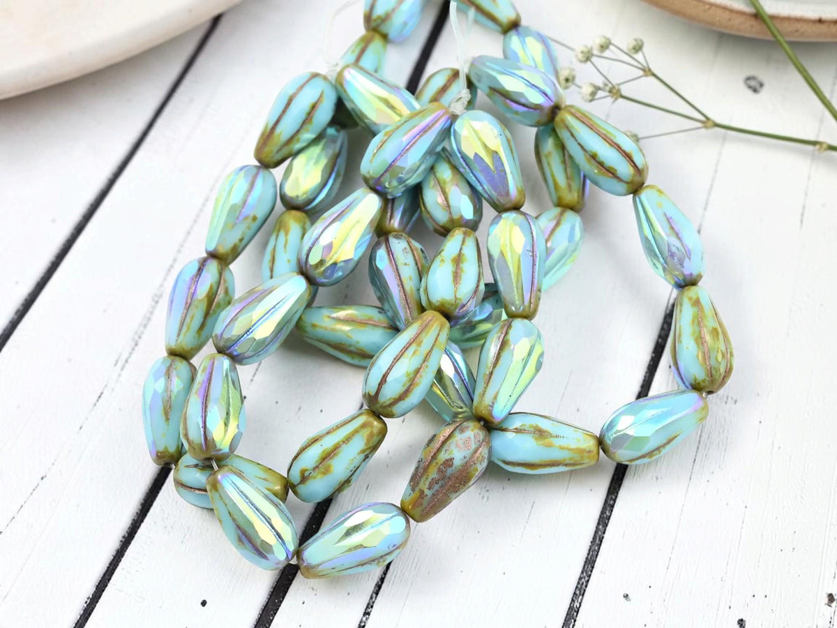 Czech Glass Faceted Teardrop Beads - Blue Turquoise Picasso AB - 15x8mm - 10pcs - (1183)