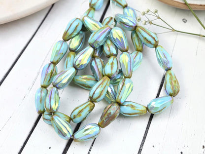 Czech Glass Faceted Teardrop Beads - Blue Turquoise Picasso AB - 15x8mm - 10pcs - (1183)