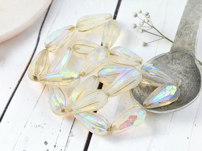 Czech Glass Faceted Melon Drop Beads - Gold Washed Milky Crystal AB - 22x11mm - 6pcs - (4591)