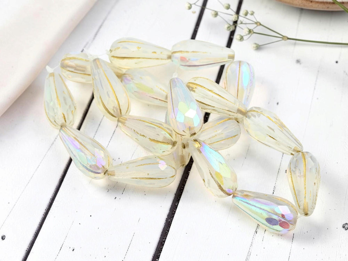 Czech Glass Faceted Melon Drop Beads - Gold Washed Milky Crystal AB - 22x11mm - 6pcs - (4591)