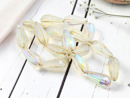 Czech Glass Faceted Melon Drop Beads - Gold Washed Milky Crystal AB - 22x11mm - 6pcs - (4591)