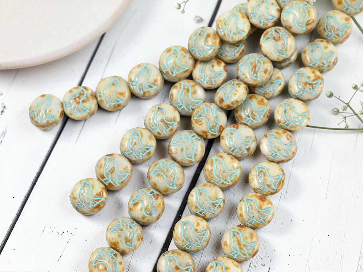 12mm Czech Glass Chickadee Coin Beads - Turquoise Washed Alabaster Picasso - 12mm - 10pcs - (B616)