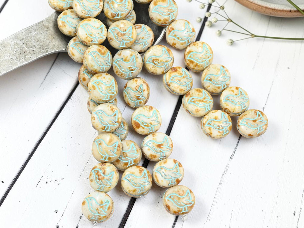 12mm Czech Glass Chickadee Coin Beads - Turquoise Washed Alabaster Picasso - 12mm - 10pcs - (B616)