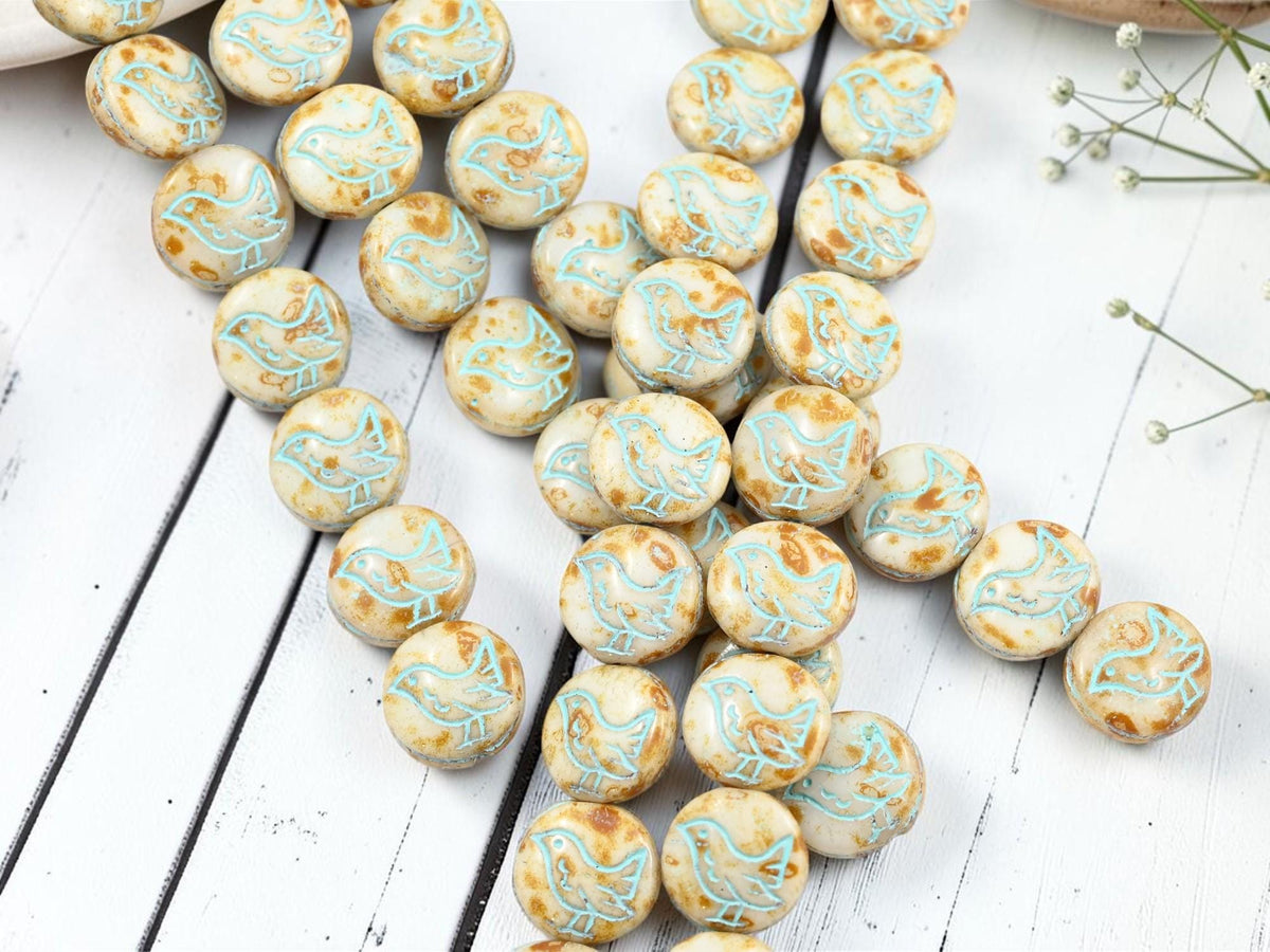 12mm Czech Glass Chickadee Coin Beads - Turquoise Washed Alabaster Picasso - 12mm - 10pcs - (B616)