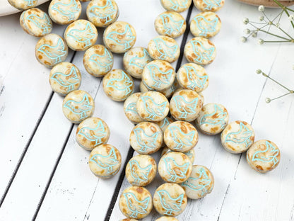 12mm Czech Glass Chickadee Coin Beads - Turquoise Washed Alabaster Picasso - 12mm - 10pcs - (B616)