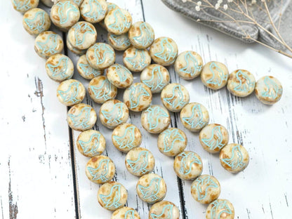 12mm Czech Glass Chickadee Coin Beads - Turquoise Washed Alabaster Picasso - 12mm - 10pcs - (B616)
