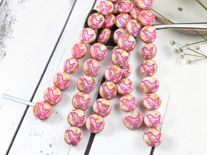 12mm Czech Glass Chickadee Coin Beads - Fuchsia Washed Alabaster Picasso - 12mm - 10pcs - (6176)