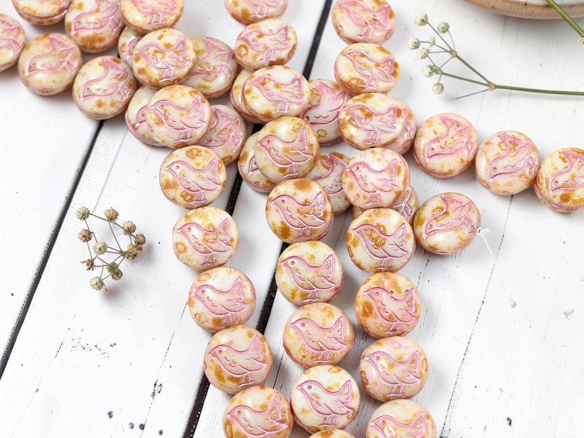 12mm Czech Glass Chickadee Coin Beads - Metallic Pink Washed Alabaster Picasso - 12mm - 10pcs - (5290)