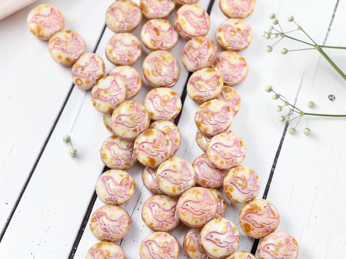12mm Czech Glass Chickadee Coin Beads - Metallic Pink Washed Alabaster Picasso - 12mm - 10pcs - (5290)