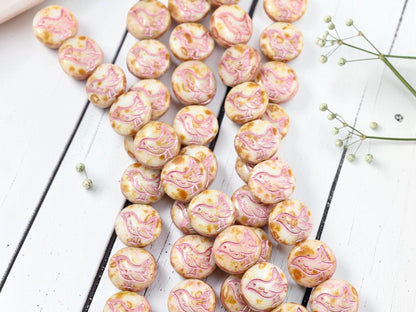 12mm Czech Glass Chickadee Coin Beads - Metallic Pink Washed Alabaster Picasso - 12mm - 10pcs - (5290)